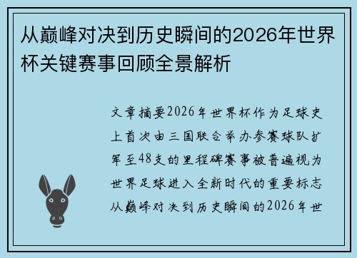 从巅峰对决到历史瞬间的2026年世界杯关键赛事回顾全景解析