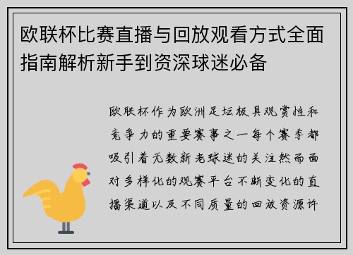 欧联杯比赛直播与回放观看方式全面指南解析新手到资深球迷必备