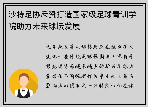沙特足协斥资打造国家级足球青训学院助力未来球坛发展
